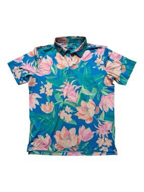 Chubbies Polo Shirt Large Blue Pink Floral Stretch Performance Golf Tropical